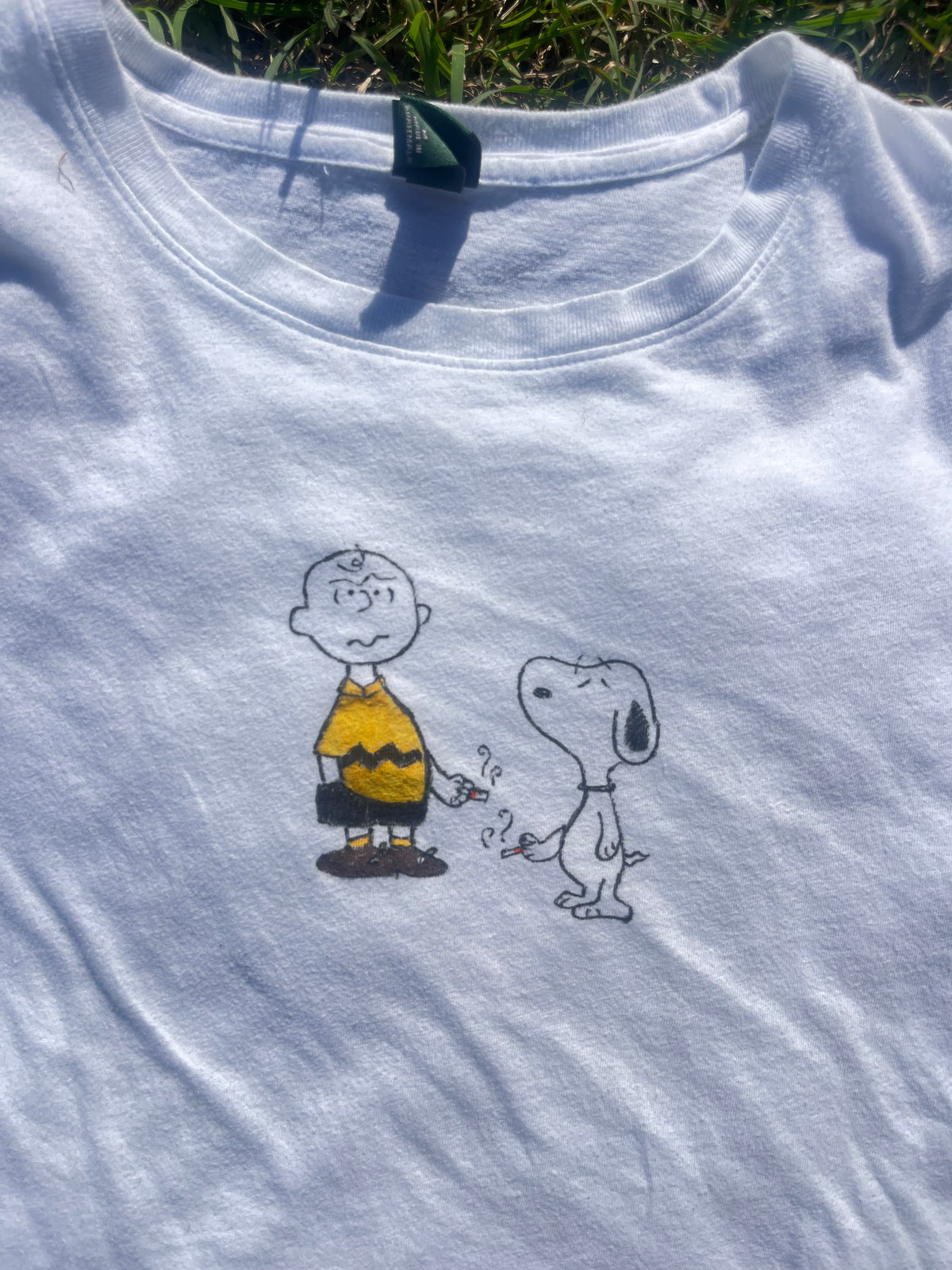 Hand-drawn snoopy and Charlie smoking tee (women’s medium)