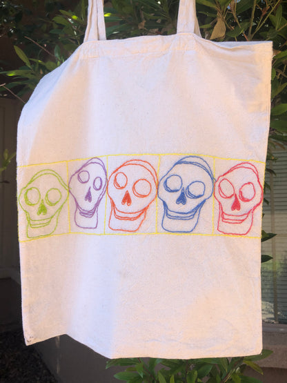 Hand-embroidered skelly tote