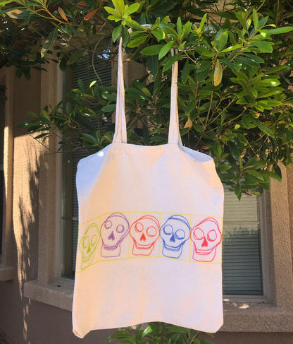 Hand-embroidered skelly tote