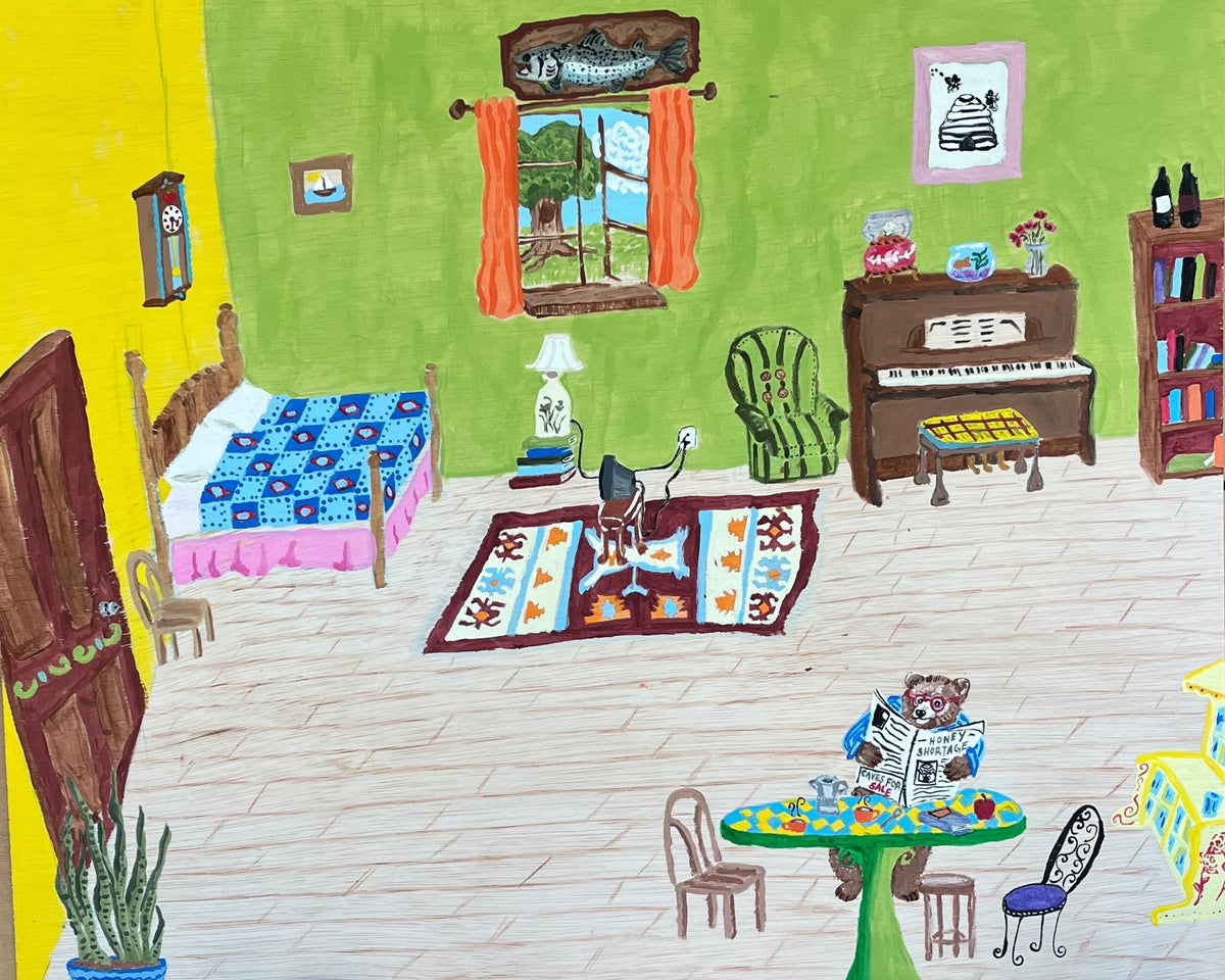 Bear Drinking Coffee in His Kitchen