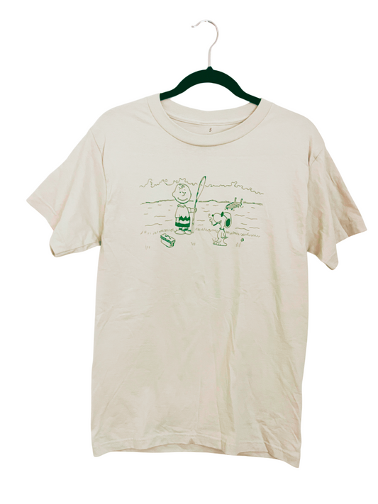 100% Cotton Beige Tee (Charlie and Snoopy Fishing, Small)